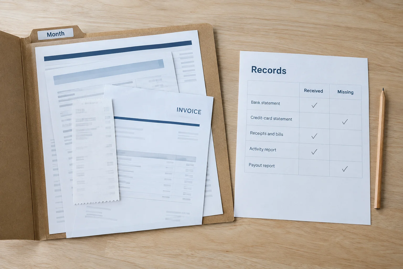 Open monthly folder with statements and a receipt beside a records checklist with Received and Missing columns.