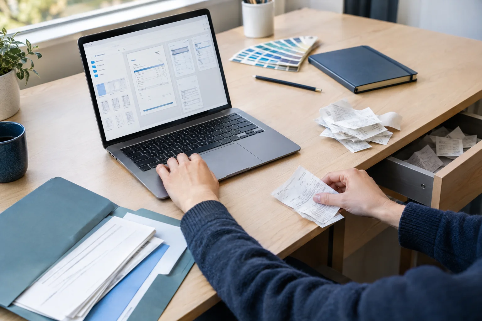 A designer gathers loose receipts beside a laptop displaying invoice and statement previews, with an open folder nearby.